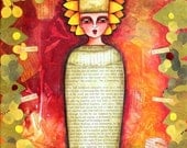 Original Art Print, Giclee Girl Art Print, Whimsical Folk Art, Text, Mixed Media Art Illustration, 8 x 10, Sarcophagus, Mummy, Orange, Red