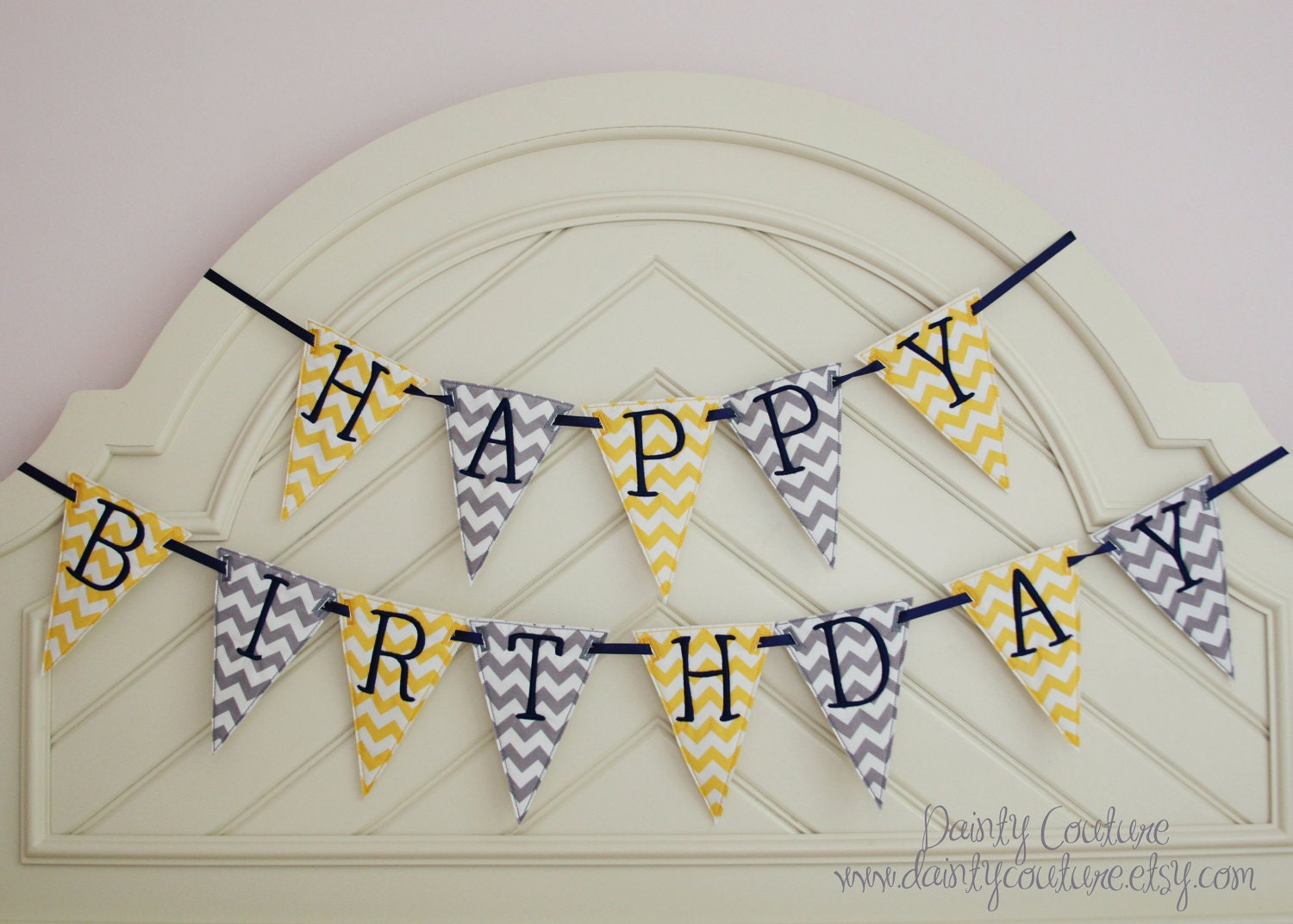 Boy First Birthday Fabric Banner - Pennant style in yellow and grey chevron with navy accents - LISTING is for ONE piece/letter