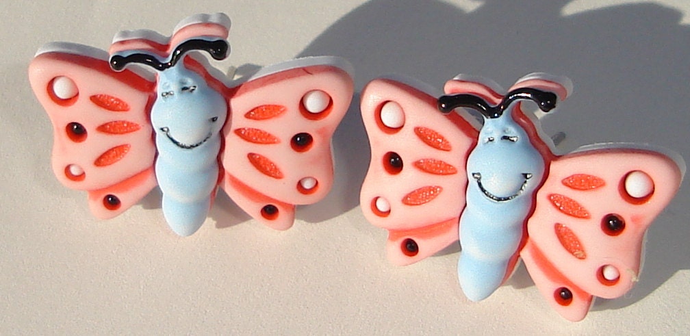 smiling pink and blue butterfly pierced post hand made earrings