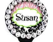 Name Badge Reel - Pink Green Black Zebra,  Personalized with Swarovski Rhinestones