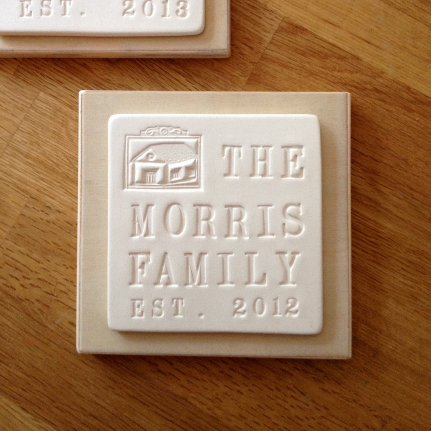personalized FAMILY or HOUSE text tile wall plaque in ceramic and wood by Paloma's Nest - house warming, wedding, or baby shower gift