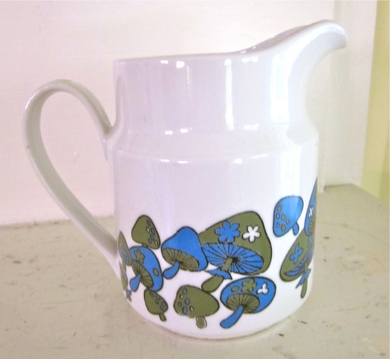 Mid Century Pitcher - Mushrooms - Avocado, Blue