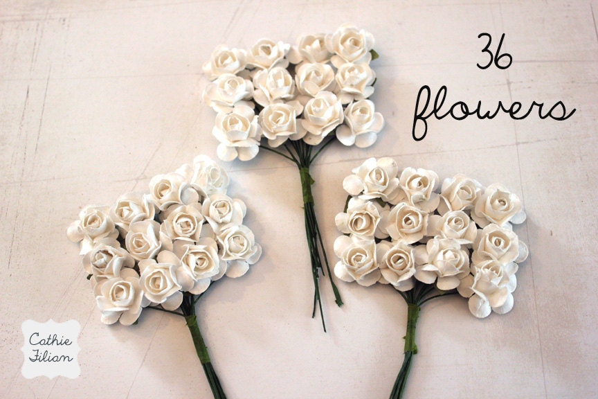 36 White Paper Flowers - small bouquet - weddings - favors - invitations - paper goods