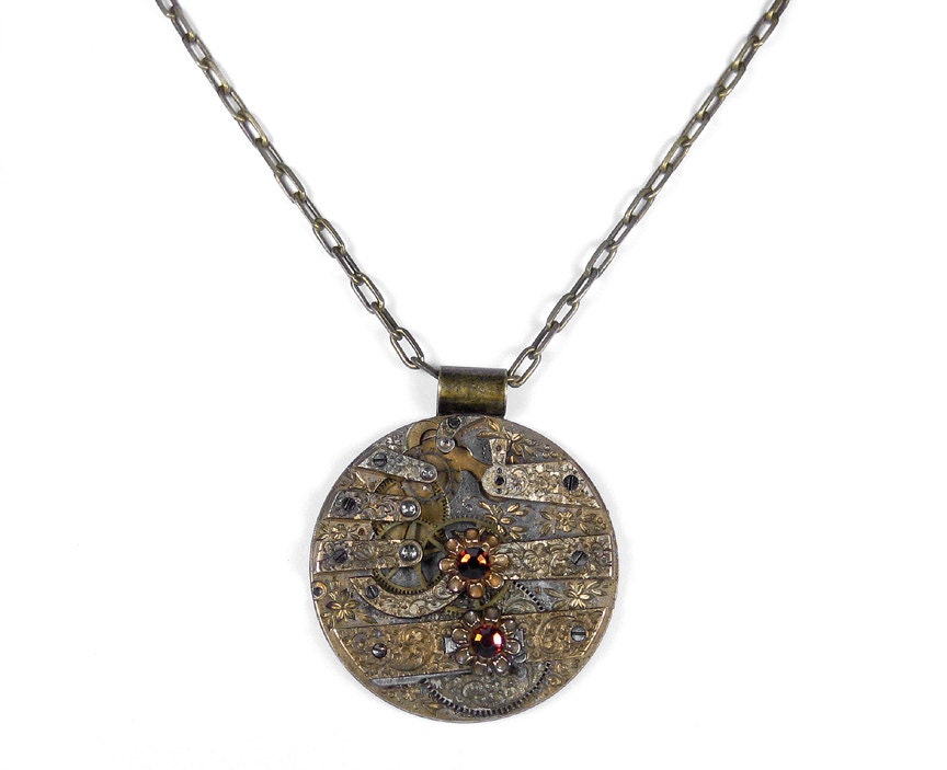 Steampunk Jewelry Necklace Vintage Grunge Etched Pocket Watch Topaz Swarovski Wedding Anniversary GORGEOUS - Steampunk Jewelry by edmdesigns