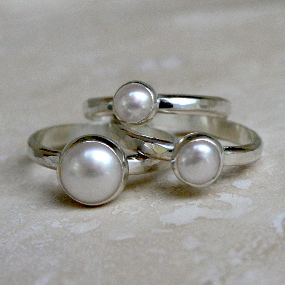 White Pearl Stacking Rings, Sterling Silver, Set of Three, Shiny Finish, Stackable Rings, Hammered Band