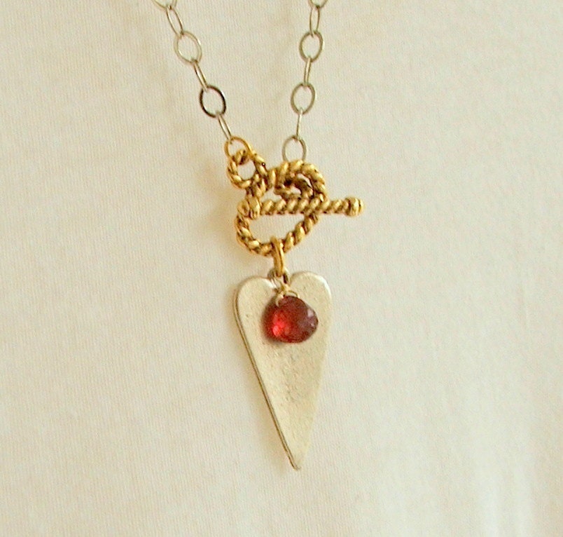 Garnet Pendant Necklace, Silver and Gold Jewelry, Red Pendant, Silver Chain, Dark Red, Front Toggle Clasp, Heart Jewelry