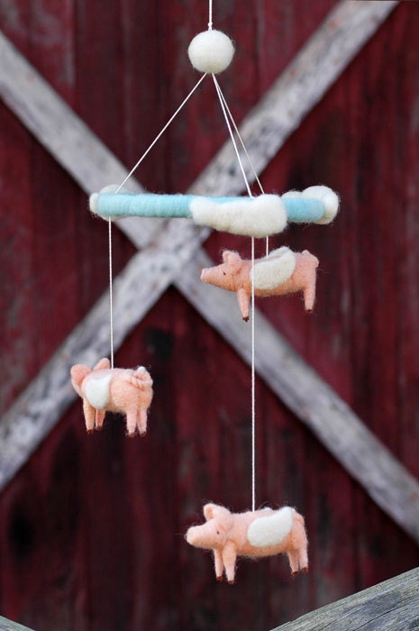 Flying Pig Mobile - Needle Felted Nursery Decor - When Pigs Fly