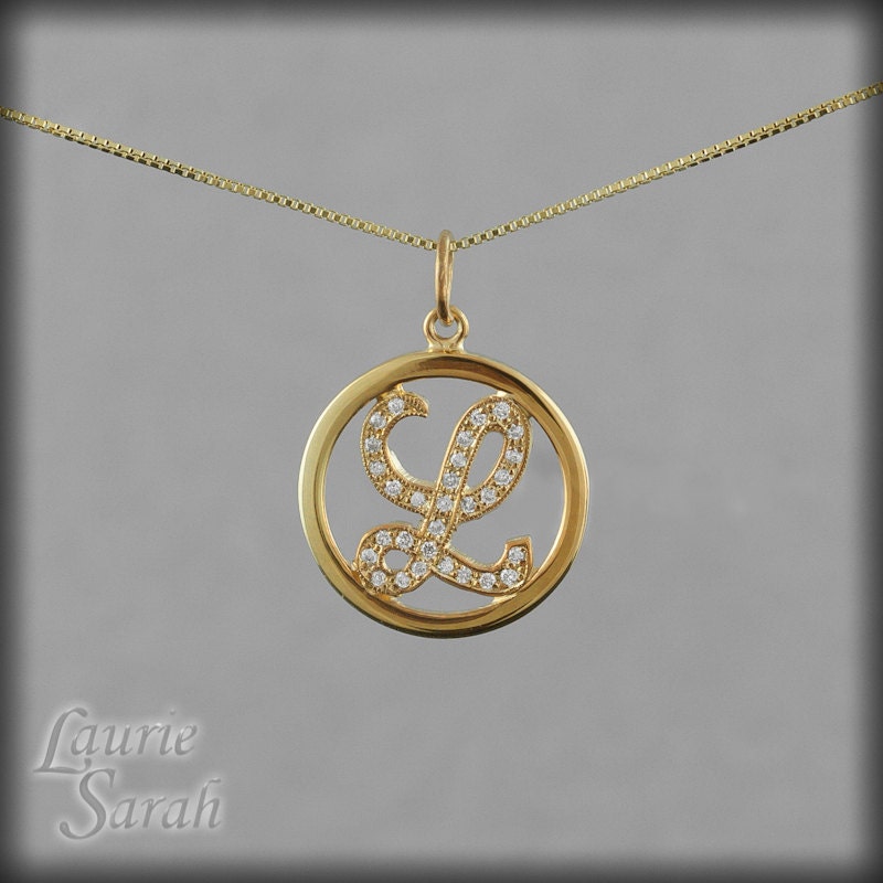 Diamond Initial Pendant on 16 inch 14kt Gold Chain - All letters available - LS1408