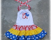 Damask Blue Yellow Primary Color Personalized Tiered Birthday Girl Dress