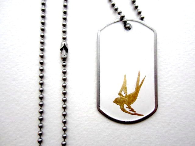 Gold Bird Dog Tag - Hand-painted Man or Woman Jewelry - Pure Gold on White Enamel with Ball Chain