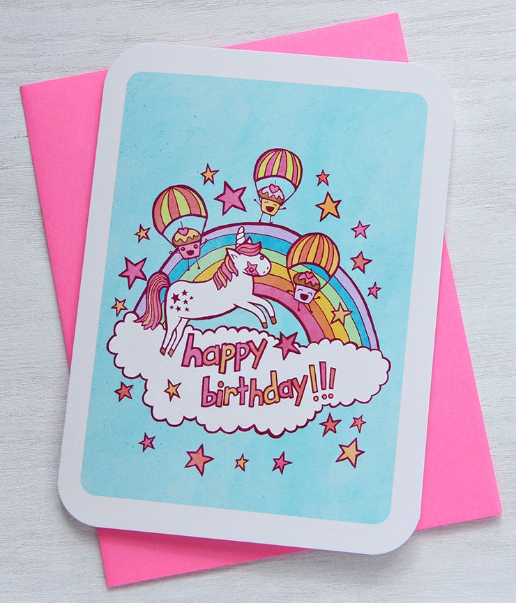 Happy Birthday Unicorn and Cupcakes - Notecard