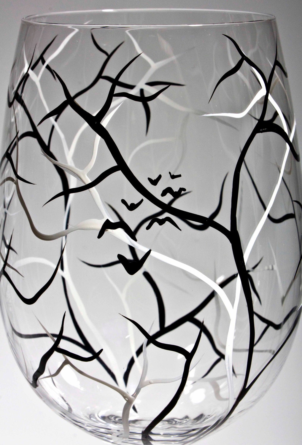 Spooky White and Black Halloween Trees--Set of 4 Hand Painted Wine Glasses