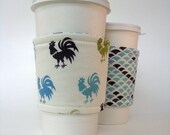Reusable Reversible Coffee Sleeve - Rise and shine with blue and green roosters with blue scallops