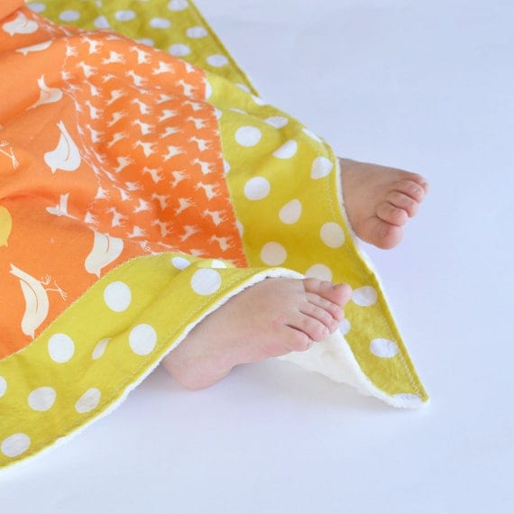 Small Patchwork Blanket with Minky for Unisex Baby Tangerine Orange Oh Deer