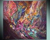 The Purple Stream: canvas print based on Jewish art painting with kabbalah symbols from Israeli artist. Best gift from Jerusalem