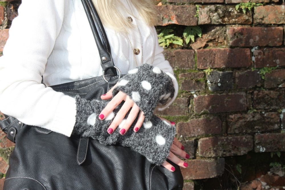 charcoal grey fingerless arm warmer gloves with off white polka dots