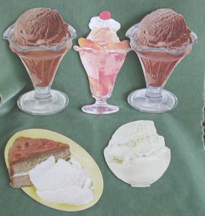 Wonderful Vintage Die-Cut Soda Fountain Displays from Woolworth Co.-Sundaes-Cake-Ice Cream