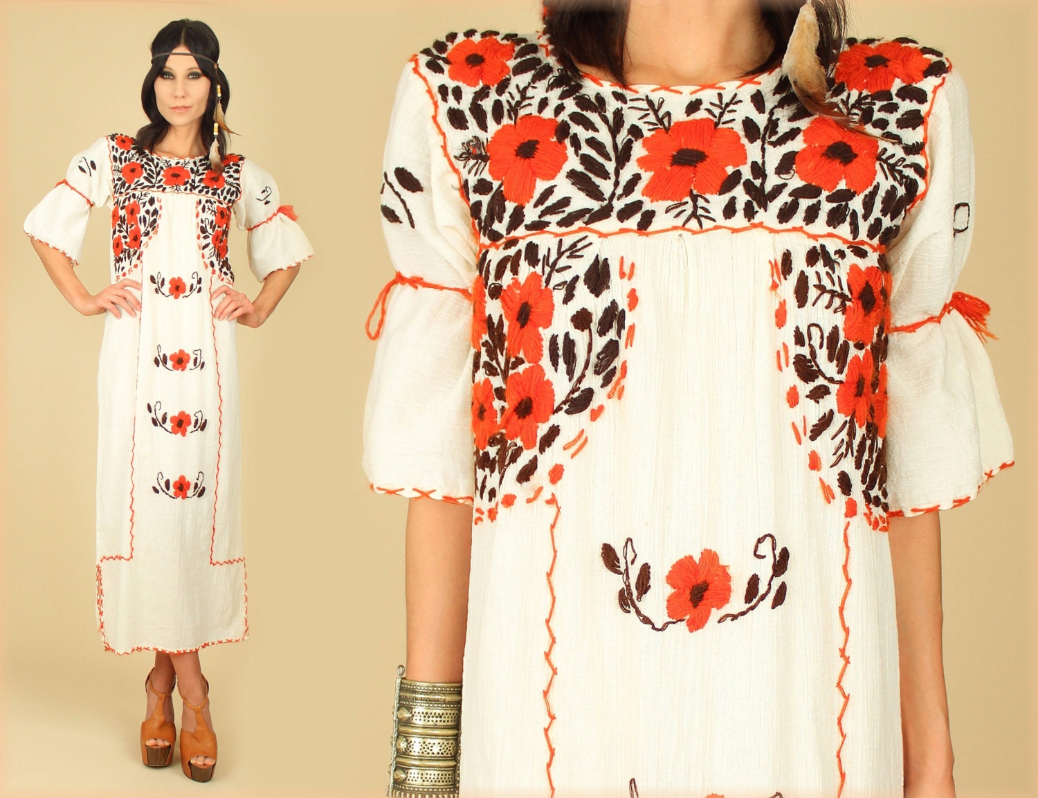 ViNtAgE 70's Floral Gauze Cotton Mexican Embroidered Handmade Maxi Hippie Maxi Dress S