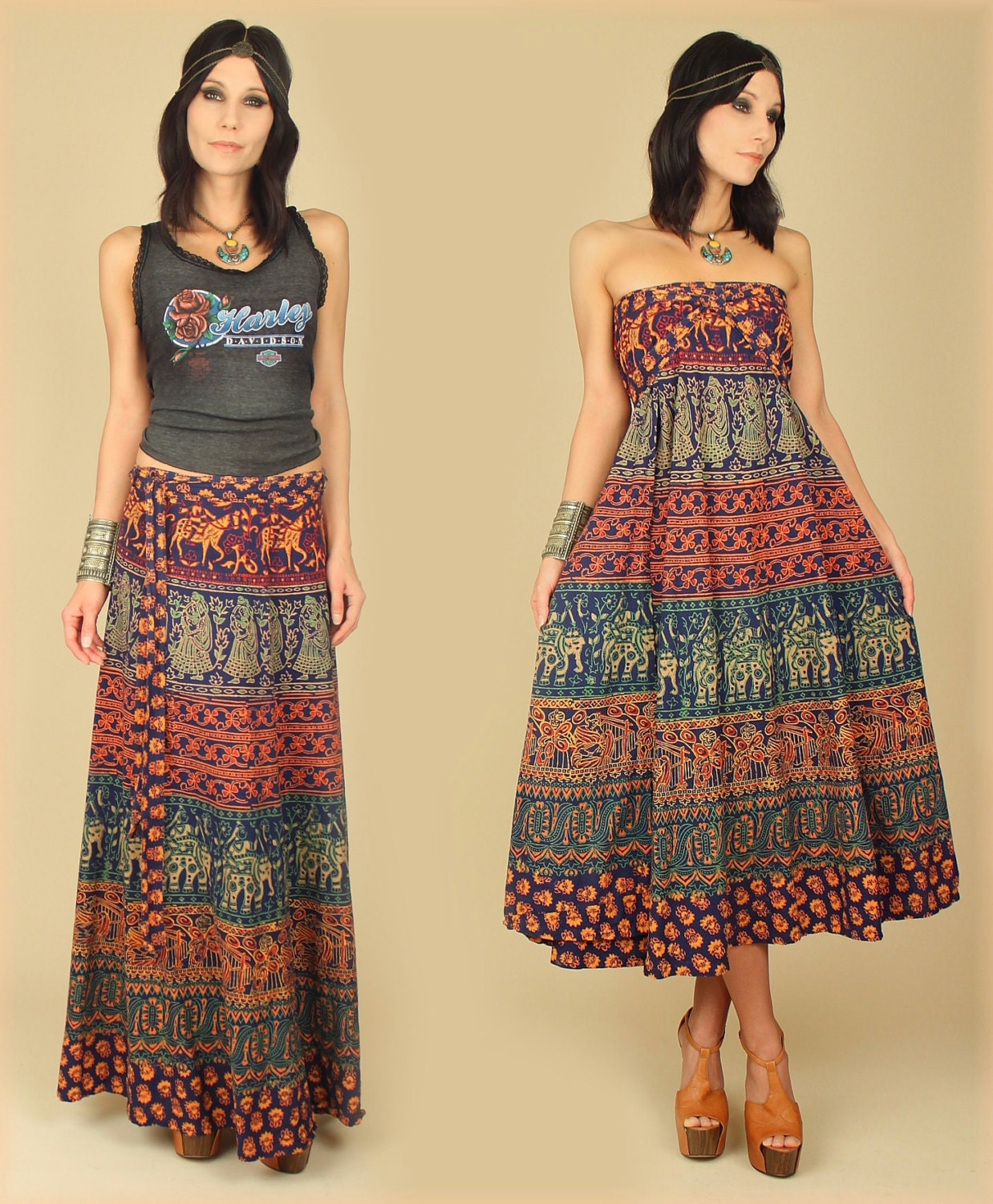 ViNtAgE 70's India Cotton ARTISAN Block Printed Bias Cut MAXI Floral Wrap Skirt Dress Free Size s/m/l