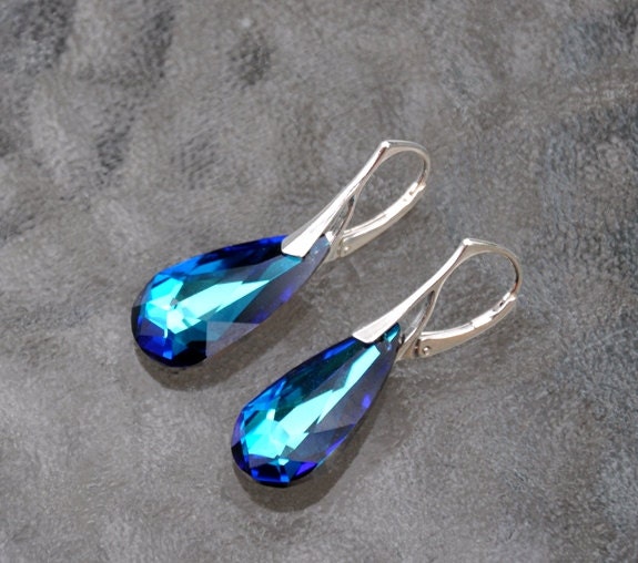 Sterling Silver Earrings, Dangle Earrings, Swarovski crystals, Bermuda blue teardrop,Lever Backs, 925 Silver, Fashion Jewelry