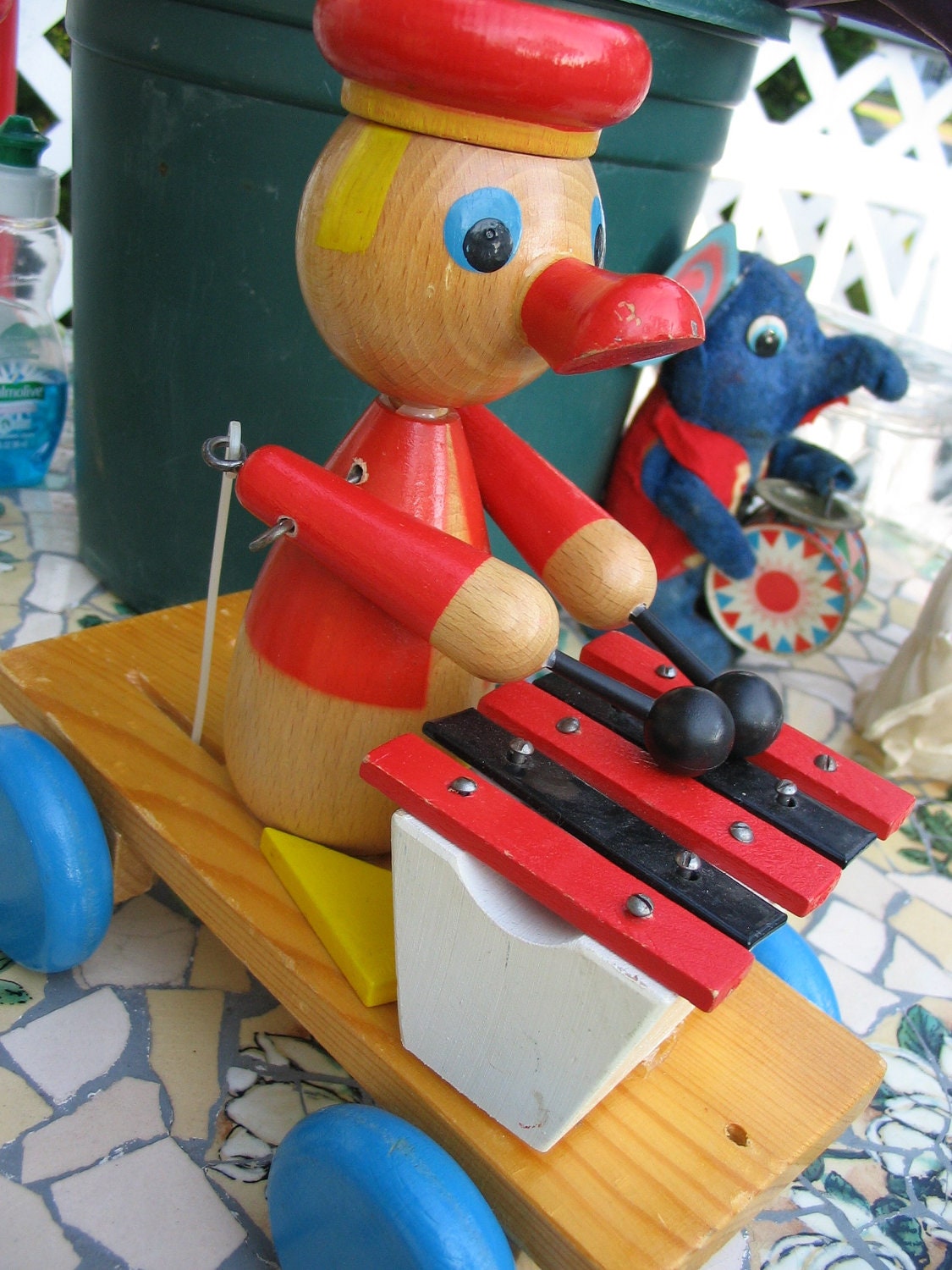Vintage 1980s Wooden Duck Playing Xylophone Pull toy for Toddlers Good Condition