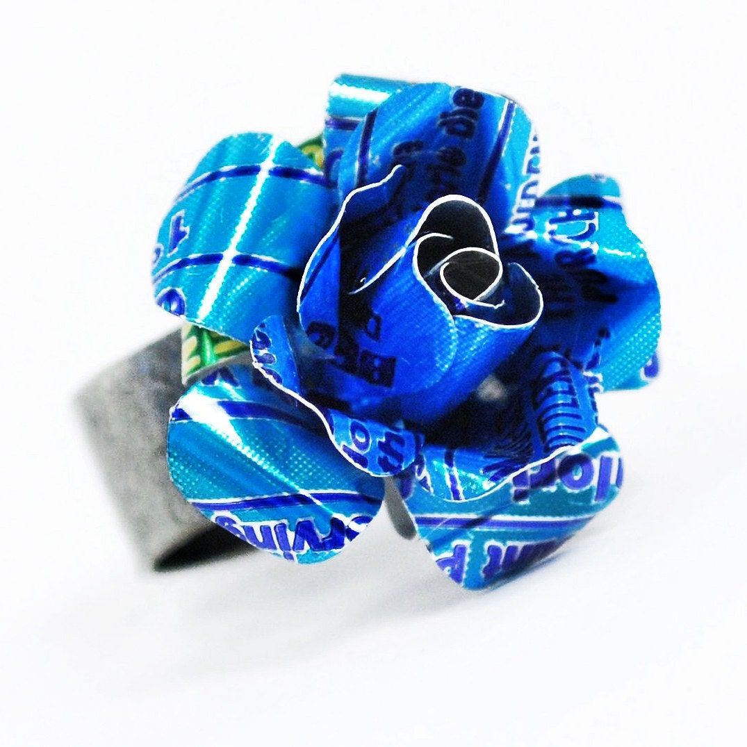 Recycled Jewelry Blue Rose Ring From Upcycled Aluminum