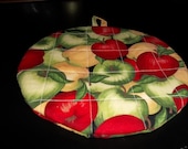 Red Green and Yellow Apples Round Hot Pad or Pot Holder Cotton Fabric 9 Inches