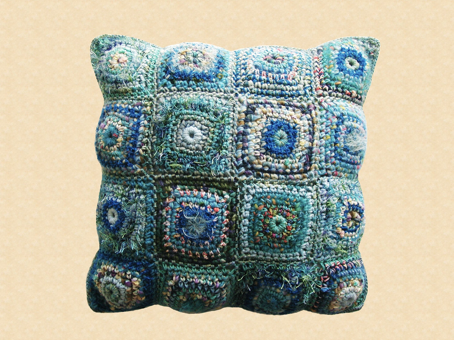 Fiber Art Chunky Pillow, multicolor in shades of blue
