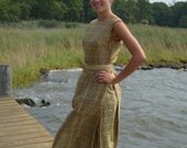 Elegant 1950s Vintage Long Machine Embroidered Brocade Dress 36 Bust 27 Waist FREE U S SHIPPING