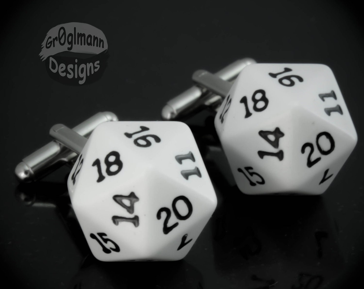 White d20 20 Sided Dice Cufflinks