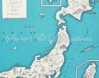 Map of Korea and Japan - A Fun and Funky Little Vintage Picture Map to Frame