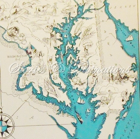 Maryland Vintage Map - Aqua - Cottage Chic - 1930s Maryland - A Fun and Funky Little Picture Map to Frame