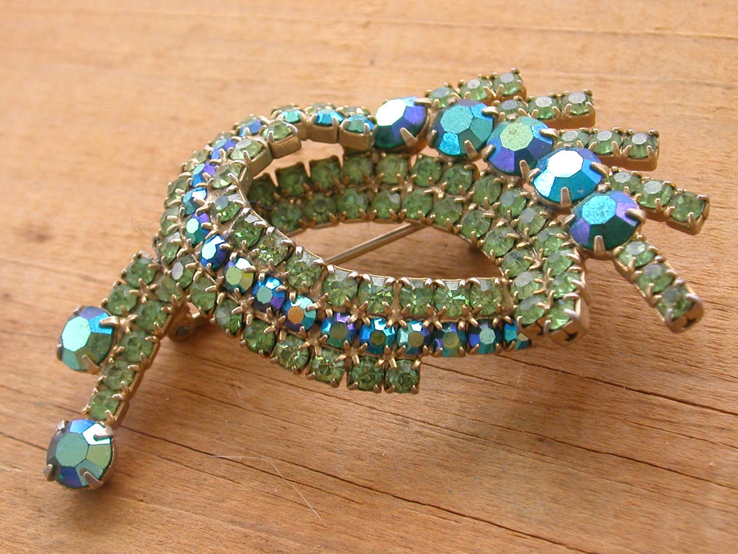 Aurora Borealis and Chartreuse Rhinestone Brooch