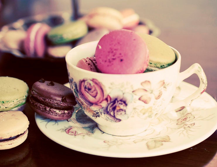 Still Life Photography, Macaron Photograph, Macaron Love,  5x7 Print, Shabby Chic Tea CupPhoto