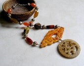 Carved Jade Gemstone Necklace- Carved Dragons, Carnelian, Sterling Silver Necklace