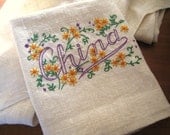 Vintage Homespun Embroidered Linen Tea Towel Circa 1960 Exquisite Hand Embroidered Mid Century Colors
