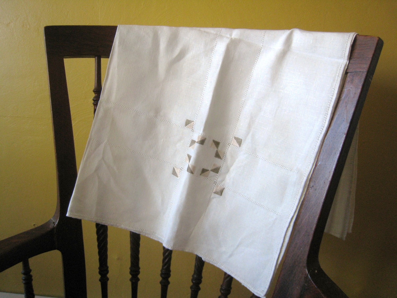 Linen Table Topper Tablecloth Natural Winter White Embroidered Taupe Geometric Design Vintage Circa 1960