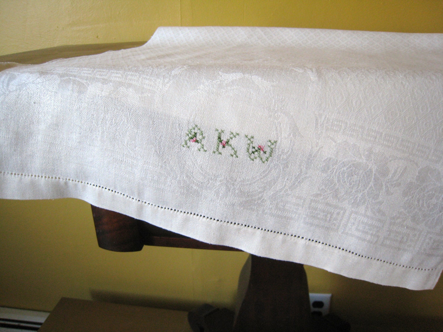 Vintage Linen Towel French Cartouche Circa 1920 Arts and Crafts Greek Key Large Roses Monogram AKW White Tea Linen