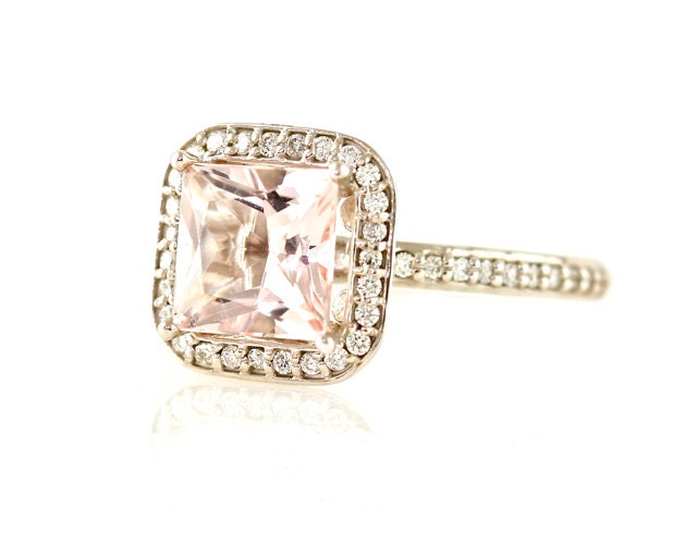 14K Princess Morganite Diamond Engagement Ring Morganite Ring Diamond Halo Custom Bridal Jewelry