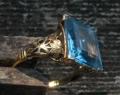 Antique Edwardian Era Dainty Gold Ring with Large Rectangle Gemstone Unknown Stone Aquamarine or Beryl
