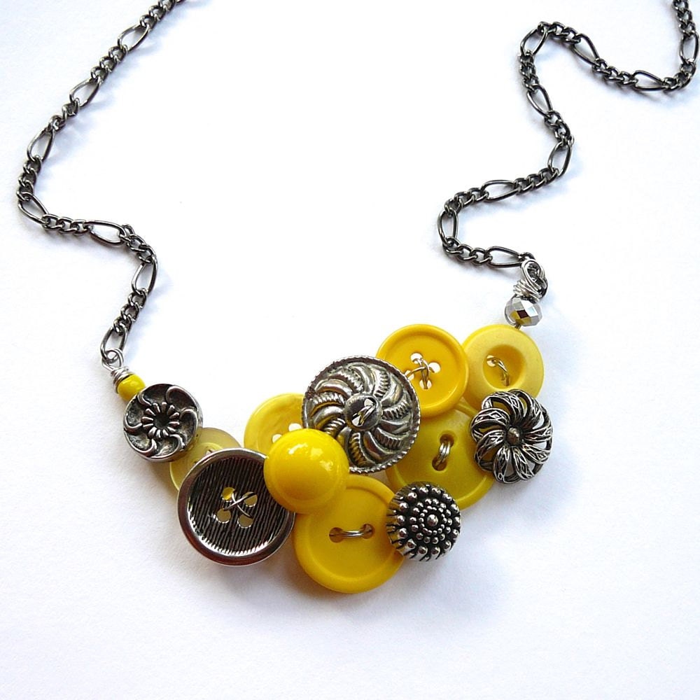 Funky Button Necklace Silver Flowers with Yellow Statement Jewelry
