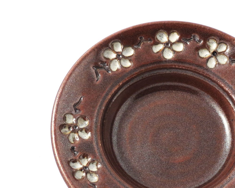 Cherry Blossom 3" Candleholder / Wine Bottle Coaster / Candy Dish, Brick Red , handmade wheel thrown pottery by Loma Prieta Pottery