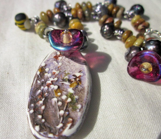 Mustard and Lavender Artisan Necklace - Wildflowers