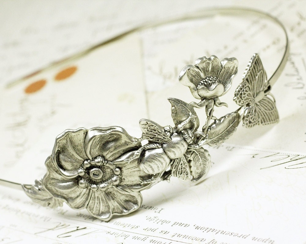 Floral bridal headband victorian bee butterfly silver flower