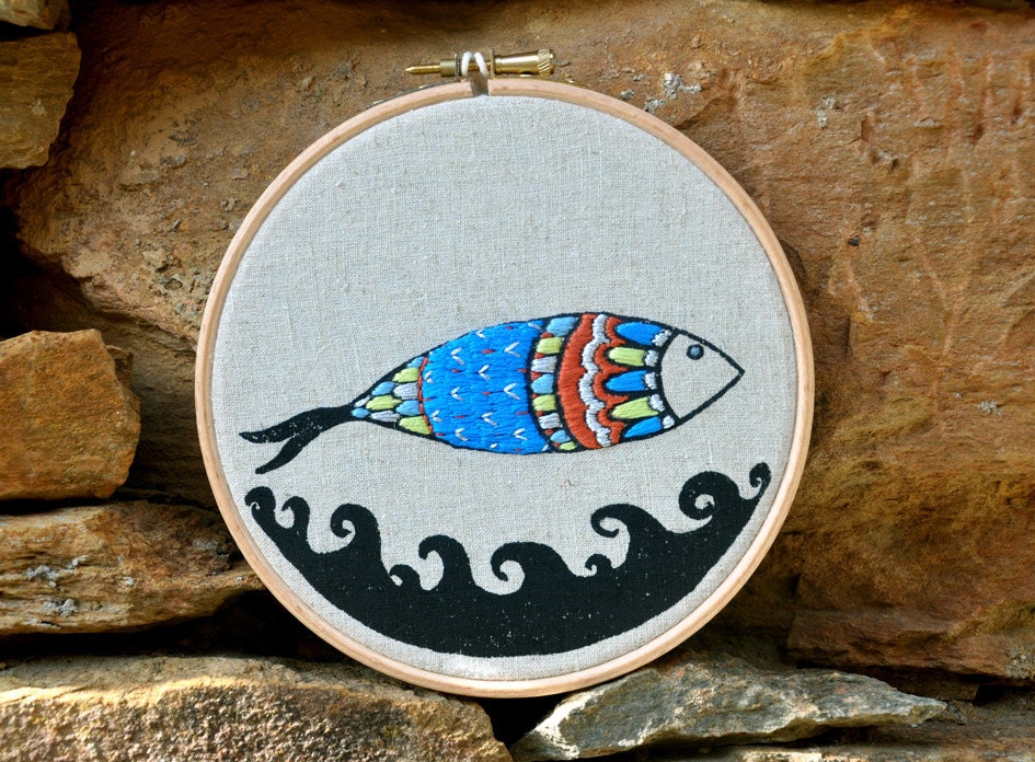 Silver Sardine - mixed media embroidery art