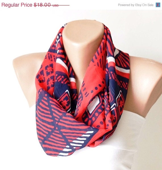SALE - Infinity Scarf,Blue, red and white,  loop circle geometric handmade from Fabric linen