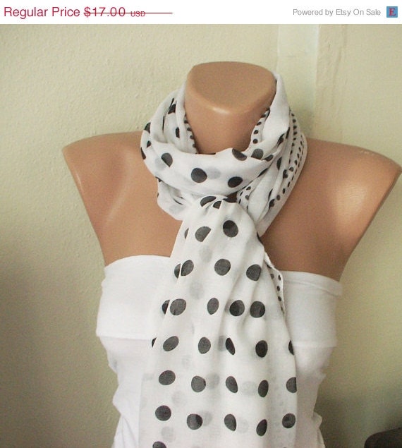 SALE - White Black. Lace Scarf. Dotted Scarf. Long Scarf. Cotton Scarf