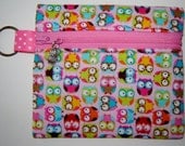Pink Mini Owls Print Zipper Pouch Coin Bag Purse with Charm