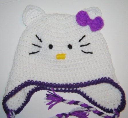 White and Purple Kitty Cat Crochet Earflap Hat Toddler Size Lilac Bow