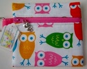 White Pink OWL Print Zipper Pouch Coin Bag Purse with Charm